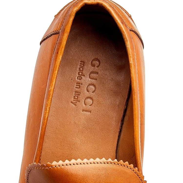 Pre Owned Gucci Brown Leather Bamboo Horsebit Slip On Loafers Size 41