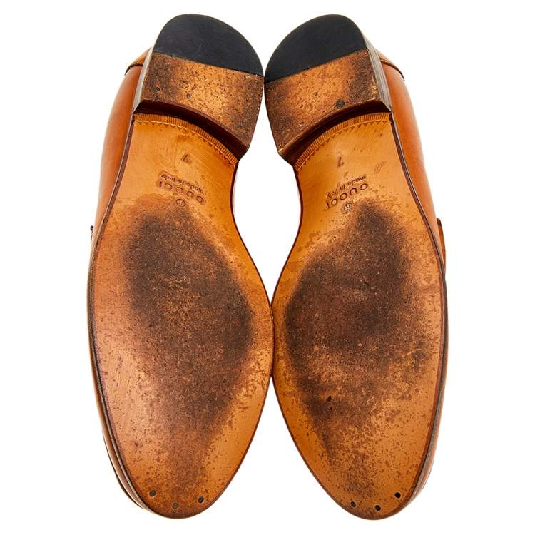 Pre Owned Gucci Brown Leather Bamboo Horsebit Slip On Loafers Size 41