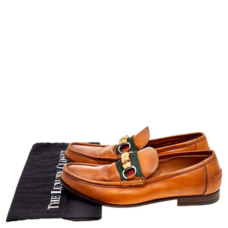 Pre Owned Gucci Brown Leather Bamboo Horsebit Slip On Loafers Size 41