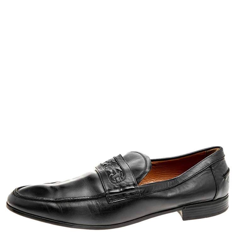 Pre Owned Gucci Black Leather Horsebit Embossed Slip On Loafers Size 44.5