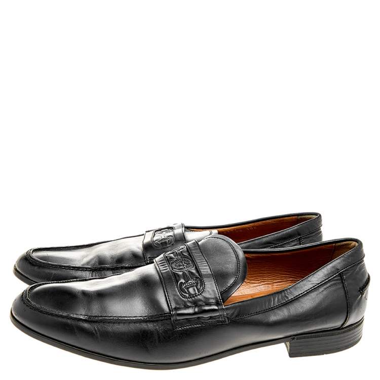 Pre Owned Gucci Black Leather Horsebit Embossed Slip On Loafers Size 44.5