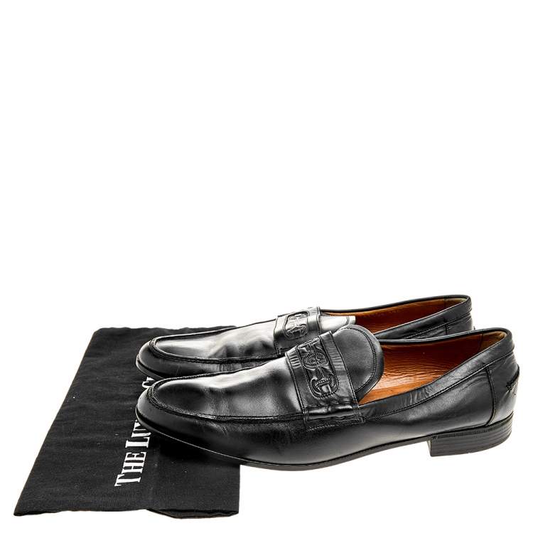 Pre Owned Gucci Black Leather Horsebit Embossed Slip On Loafers Size 44.5