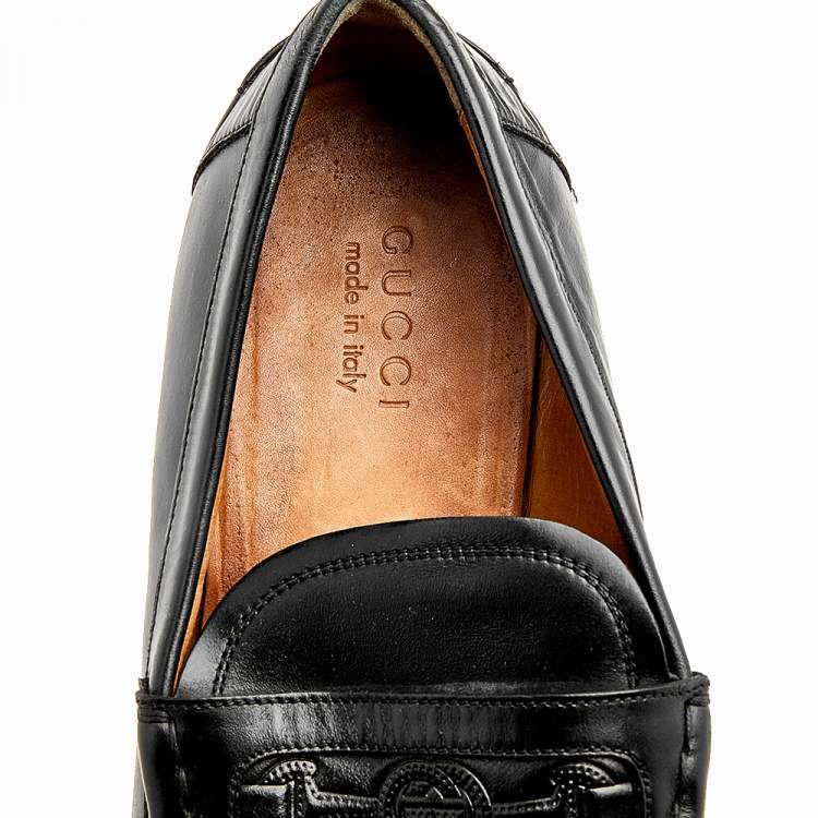 Pre Owned Gucci Black Leather Horsebit Embossed Slip On Loafers Size 44.5