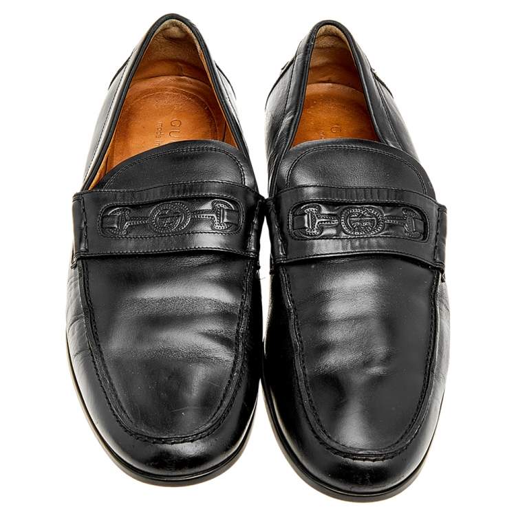 Pre Owned Gucci Black Leather Horsebit Embossed Slip On Loafers Size 44.5