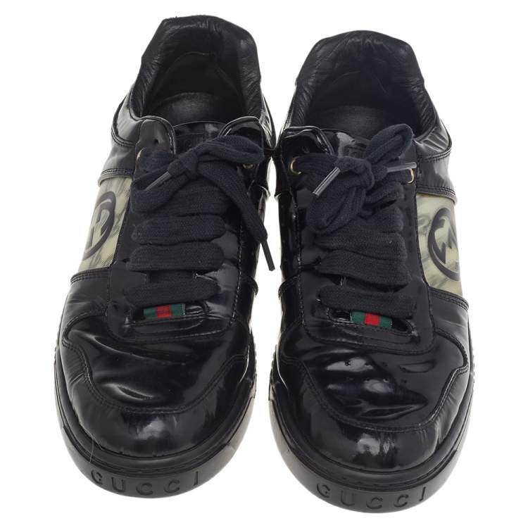 Pre Owned Gucci Black Patent Leather Interlocking G Hologram Logo Low Top Sneakers Size 41