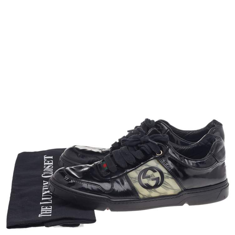 Pre Owned Gucci Black Patent Leather Interlocking G Hologram Logo Low Top Sneakers Size 41