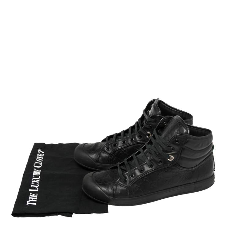 Pre Owned Gucci Black Guccissima Leather Web High Top Sneakers Size 43
