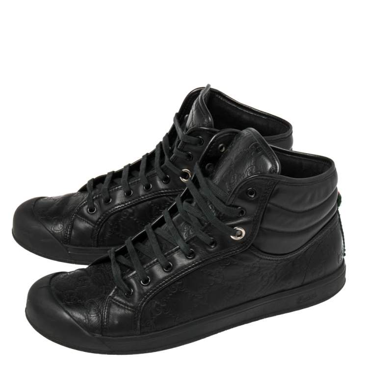 Pre Owned Gucci Black Guccissima Leather Web High Top Sneakers Size 43