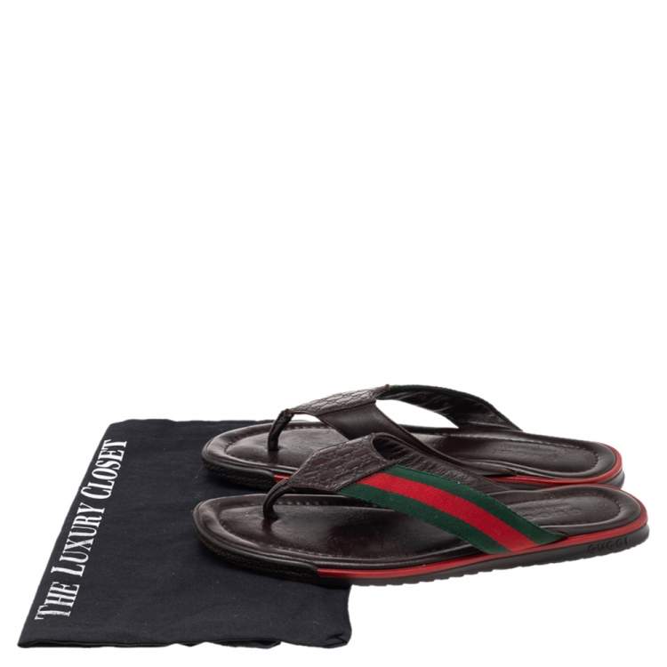 Pre Owned Gucci Brown Micro Guccissima Leather Web Thong Flip Flop Sandals Size 40