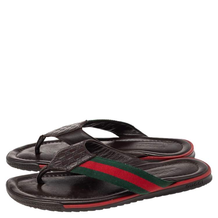 Pre Owned Gucci Brown Micro Guccissima Leather Web Thong Flip Flop Sandals Size 40