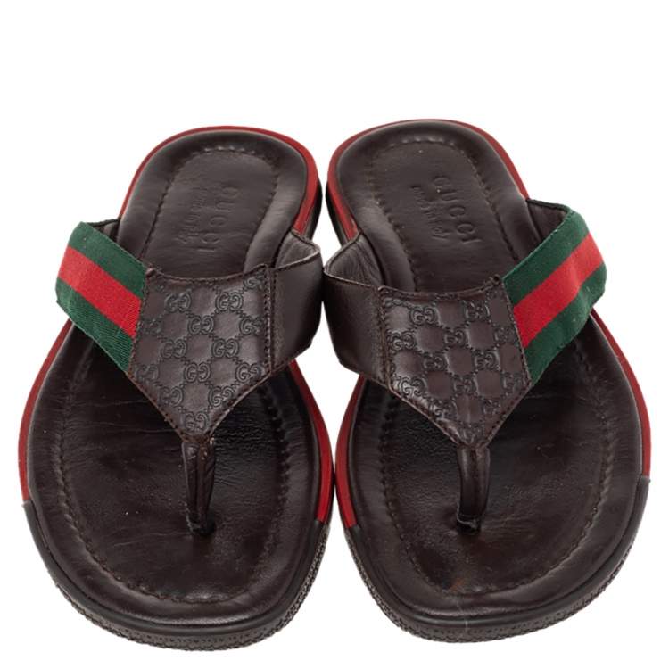 Pre Owned Gucci Brown Micro Guccissima Leather Web Thong Flip Flop Sandals Size 40