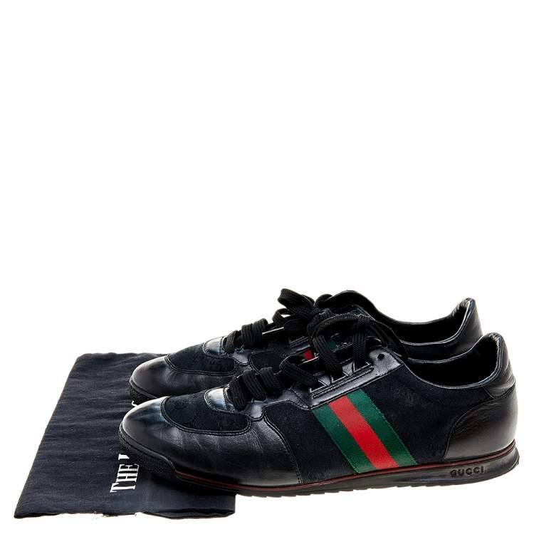مملوكة مسبقًا Gucci Black GG Canvas and Leather Web Low Top Sneakers Size 45
