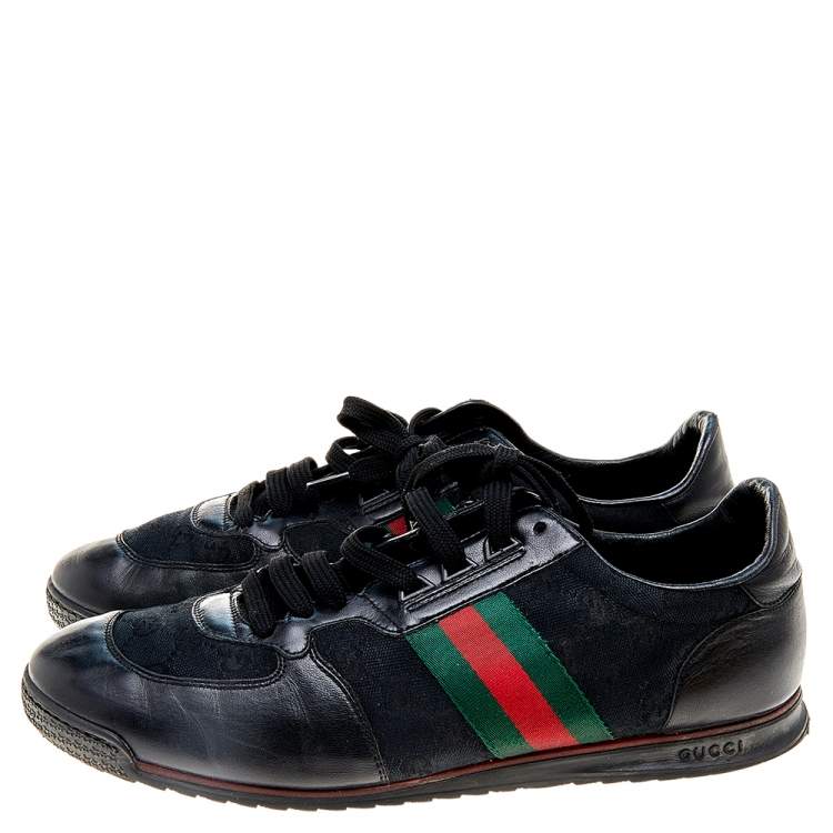 مملوكة مسبقًا Gucci Black GG Canvas and Leather Web Low Top Sneakers Size 45