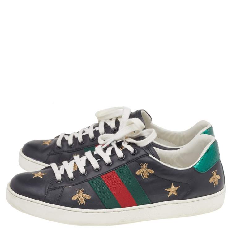 Pre Owned Gucci Black Bee & Star Embroidered Leather Ace Low Top Sneakers Size 41.5