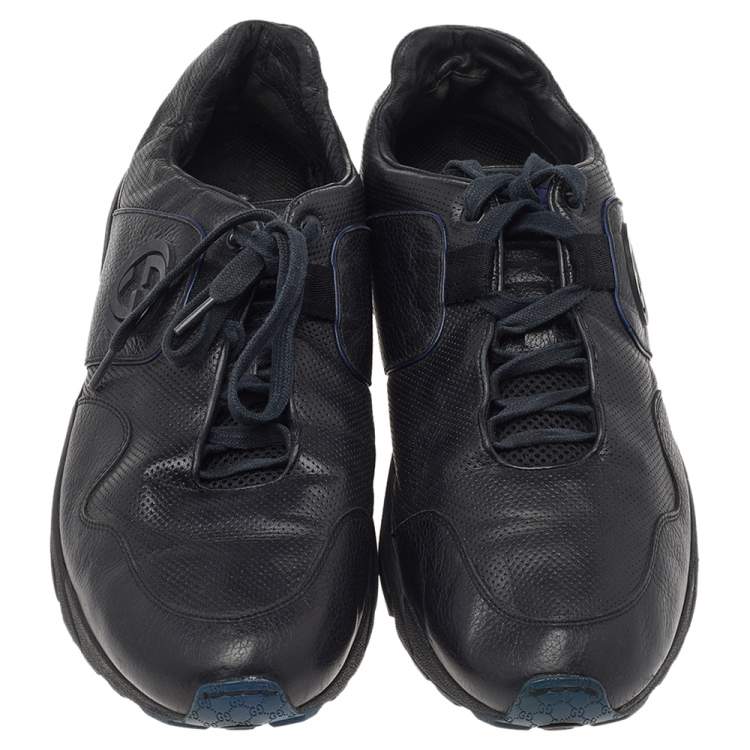 Pre Owned Gucci Black Leather GG Logo Low Top Sneakers Size 45.5