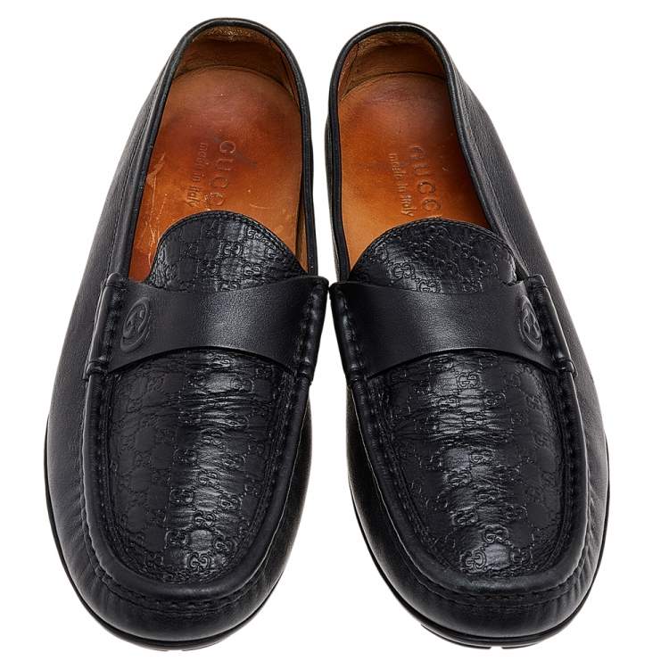 Pre Owned Gucci Black Micro Guccissima Leather Slip On Loafers Size 41.5