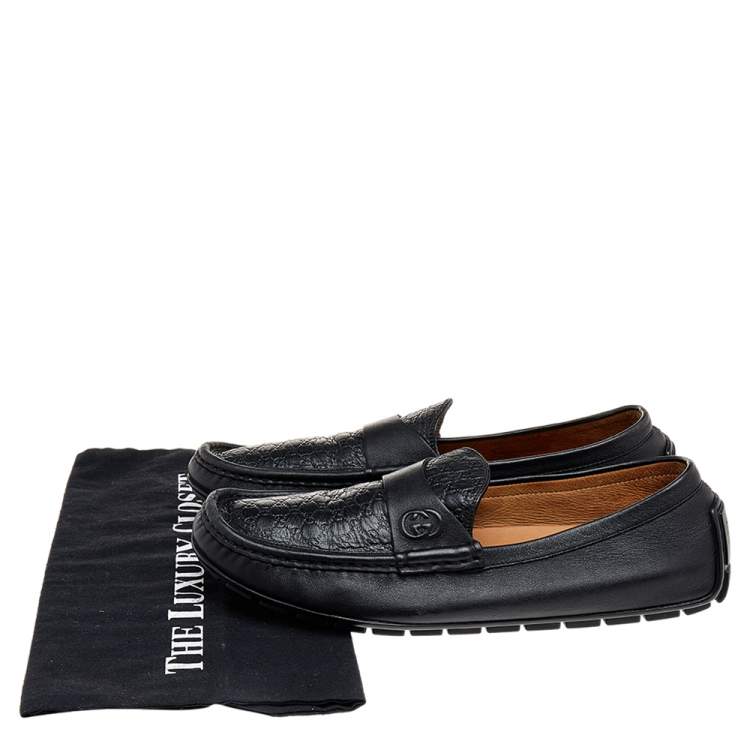 Pre Owned Gucci Black Micro Guccissima Leather Slip On Loafers Size 41.5