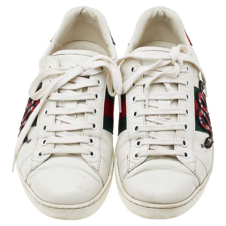 Pre Owned Gucci White Leather And Python Embossed Leather Ace Snake Embroidered Low Top Sneakers Size 41.5