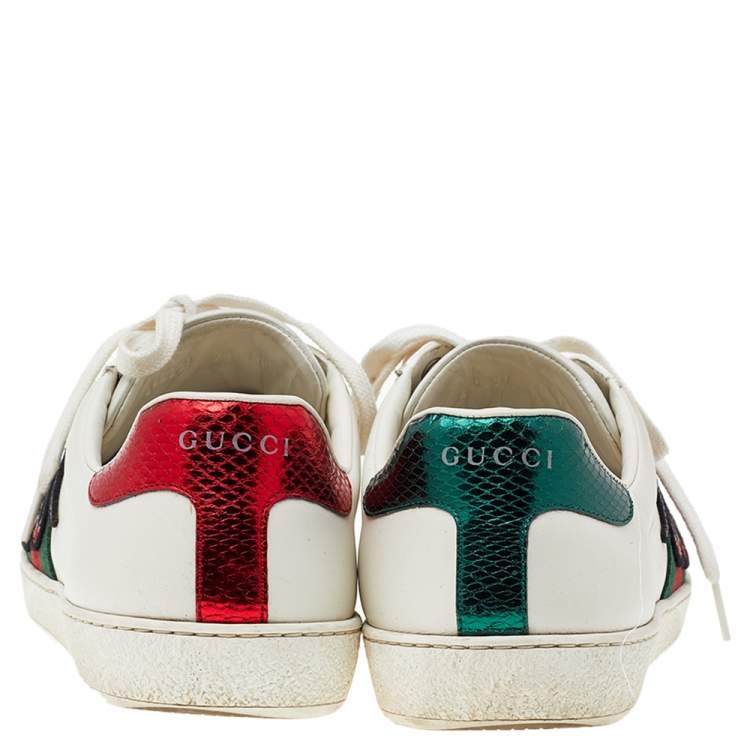Pre Owned Gucci White Leather And Python Embossed Leather Ace Snake Embroidered Low Top Sneakers Size 41.5