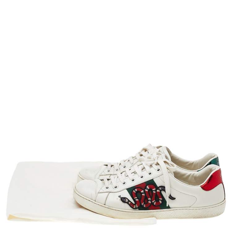 Pre Owned Gucci White Leather And Python Embossed Leather Ace Snake Embroidered Low Top Sneakers Size 41.5