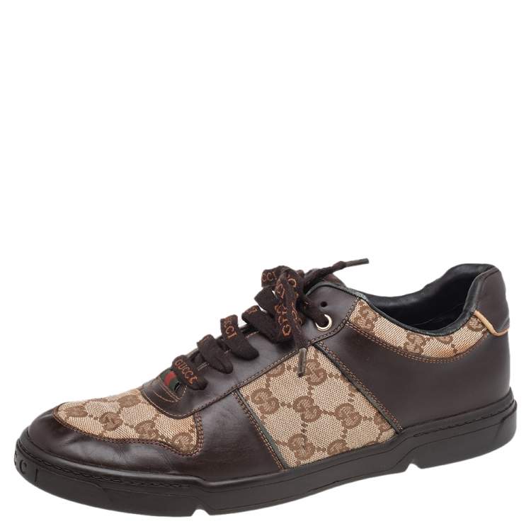 Pre Owned Gucci Beige-Brown GG Canvas And Leather Low Top Sneakers Size 42