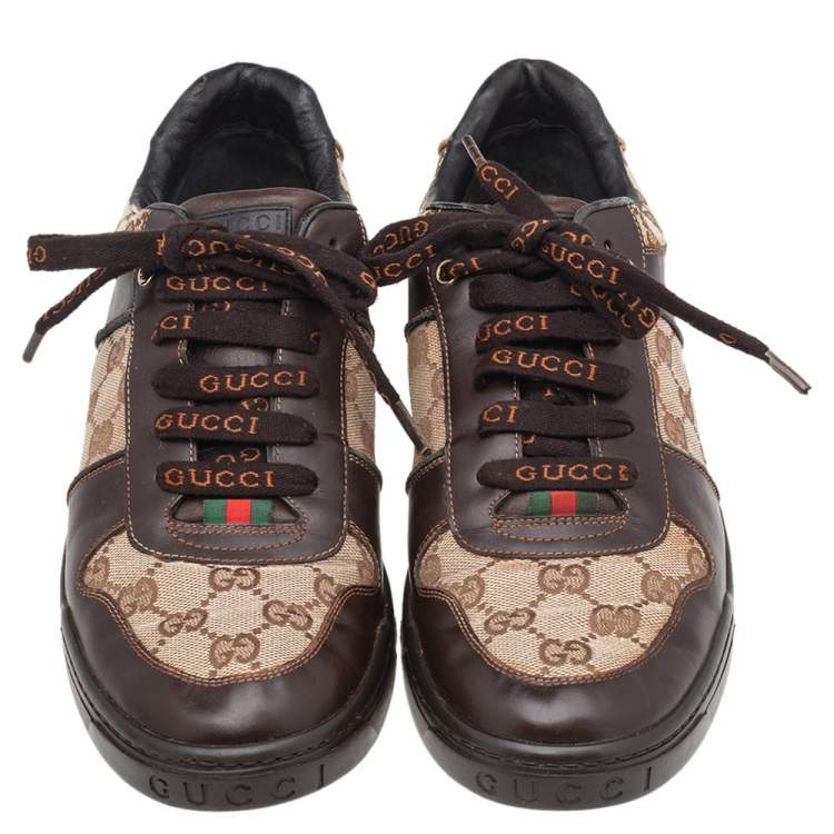 Pre Owned Gucci Beige-Brown GG Canvas And Leather Low Top Sneakers Size 42
