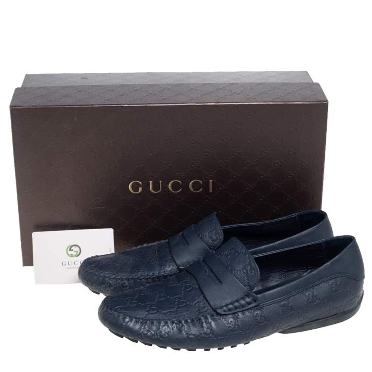 Pre Owned Gucci Blue Guccissima Leather Penny Slip On Loafers Size 44.5