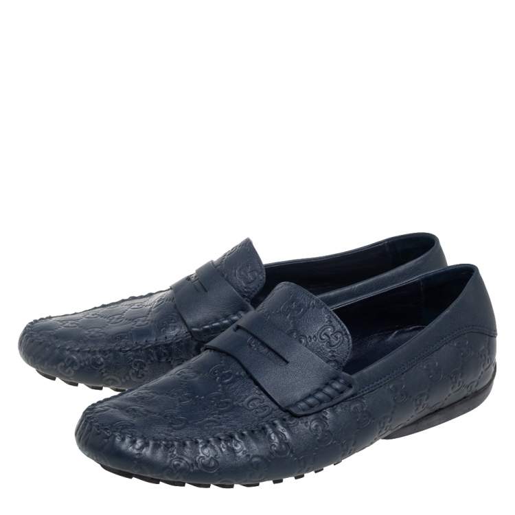 Pre Owned Gucci Blue Guccissima Leather Penny Slip On Loafers Size 44.5