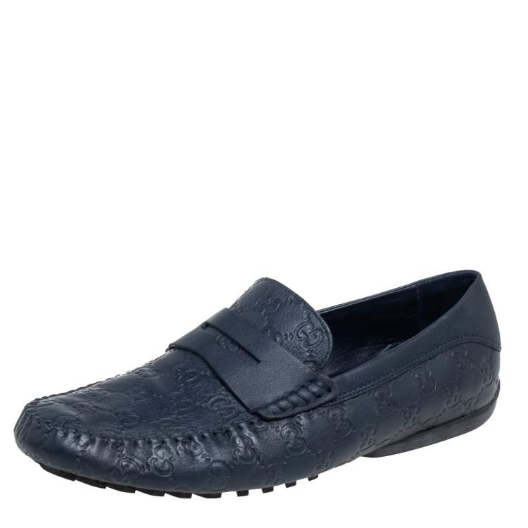 Pre Owned Gucci Blue Guccissima Leather Penny Slip On Loafers Size 44.5