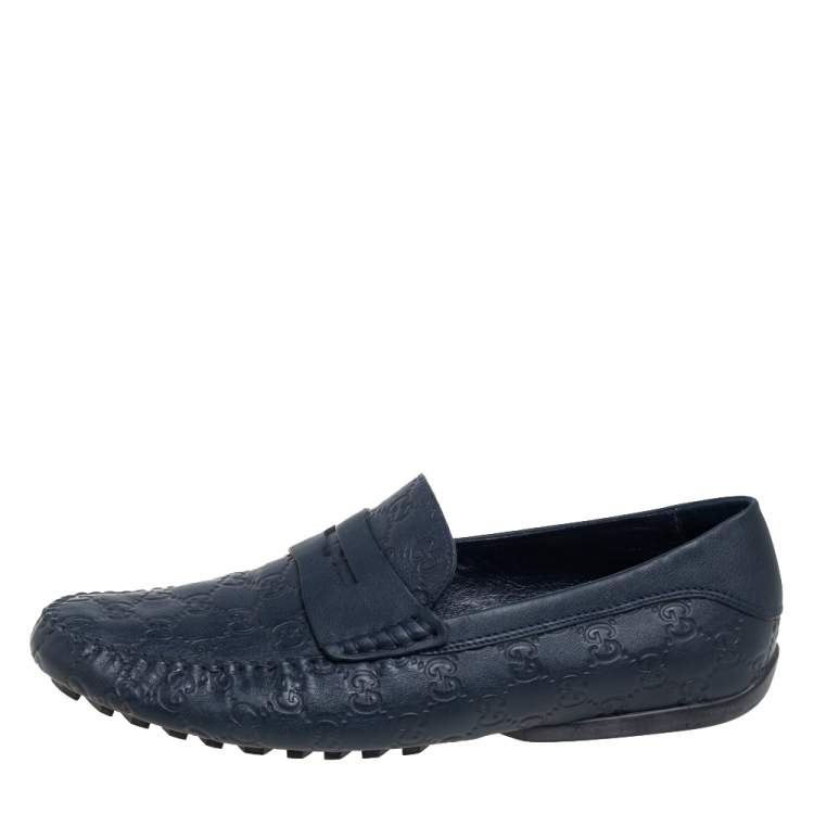 Pre Owned Gucci Blue Guccissima Leather Penny Slip On Loafers Size 44.5