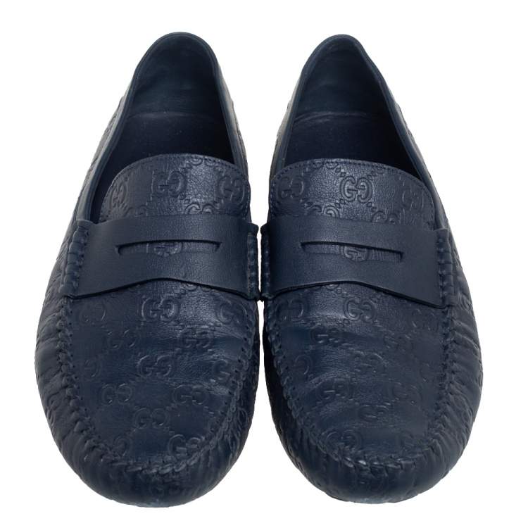 Pre Owned Gucci Blue Guccissima Leather Penny Slip On Loafers Size 44.5