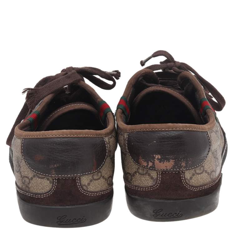 Pre Owned Gucci Brown/Beige Suede And GG Supreme Canvas Low Top Sneakers Size 44