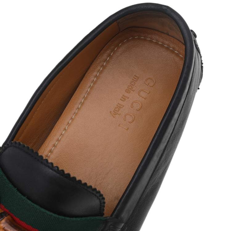 Pre Owned Gucci Black Leather Bamboo Horsebit Slip On Loafers Size 42