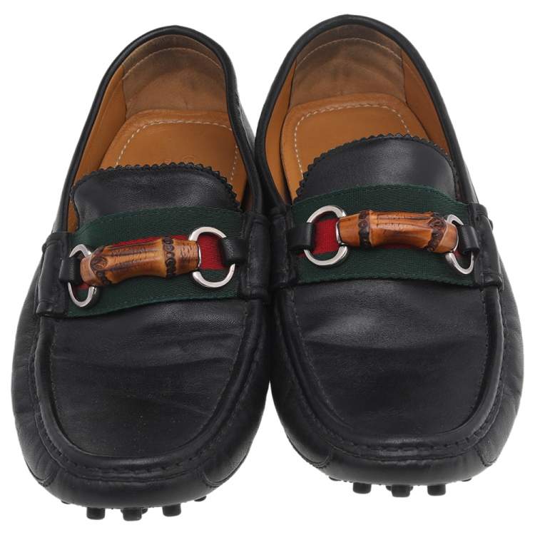 Pre Owned Gucci Black Leather Bamboo Horsebit Slip On Loafers Size 42