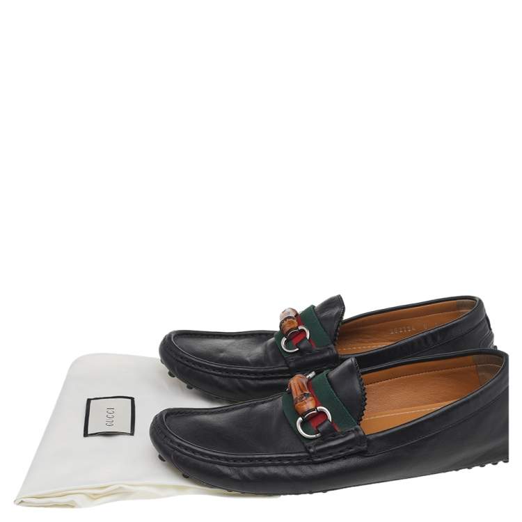 Pre Owned Gucci Black Leather Bamboo Horsebit Slip On Loafers Size 42