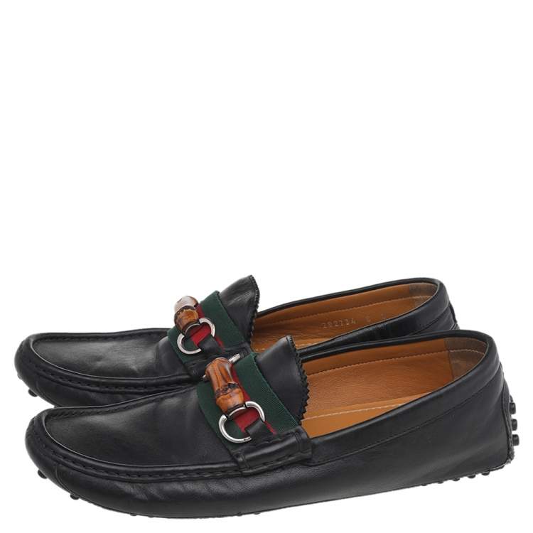 Pre Owned Gucci Black Leather Bamboo Horsebit Slip On Loafers Size 42