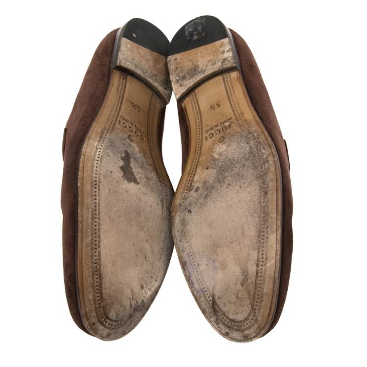 Pre Owned Gucci  Brown Suede Web Horsebit Slip On Loafers Size 39.5