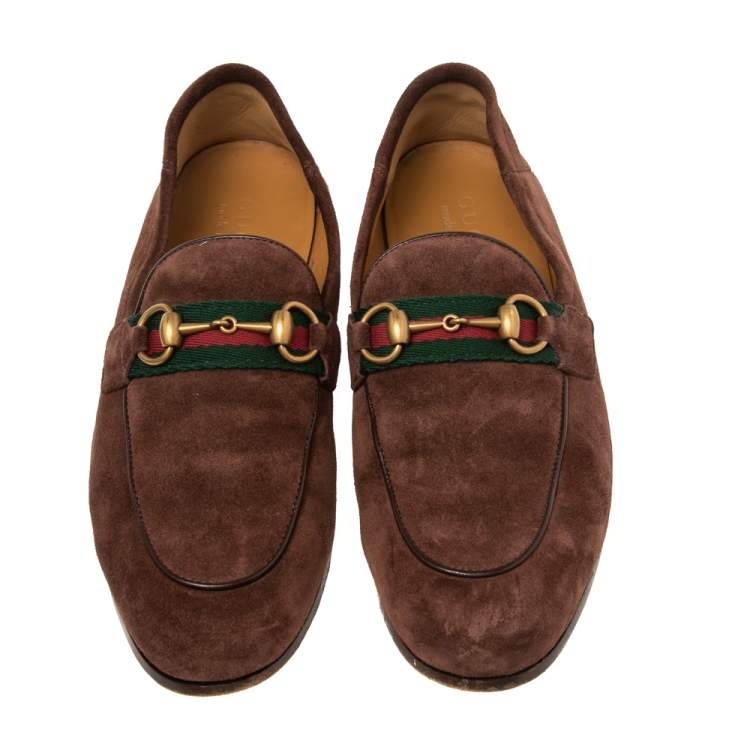 Pre Owned Gucci  Brown Suede Web Horsebit Slip On Loafers Size 39.5
