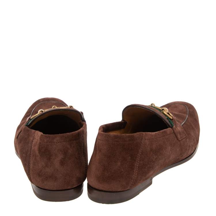 Pre Owned Gucci  Brown Suede Web Horsebit Slip On Loafers Size 39.5