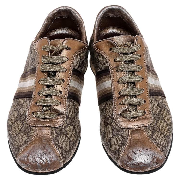 Pre Owned Gucci Beige/Gold Supreme Canvas And Leather Web Low Top Sneakers Size 39.5