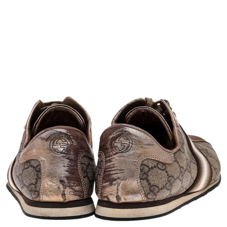 Pre Owned Gucci Beige/Gold Supreme Canvas And Leather Web Low Top Sneakers Size 39.5