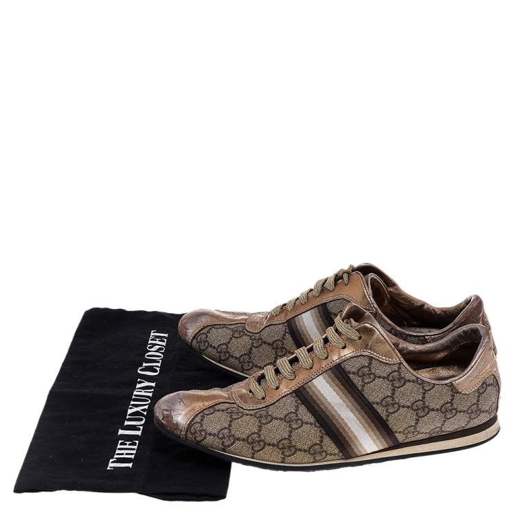 Pre Owned Gucci Beige/Gold Supreme Canvas And Leather Web Low Top Sneakers Size 39.5