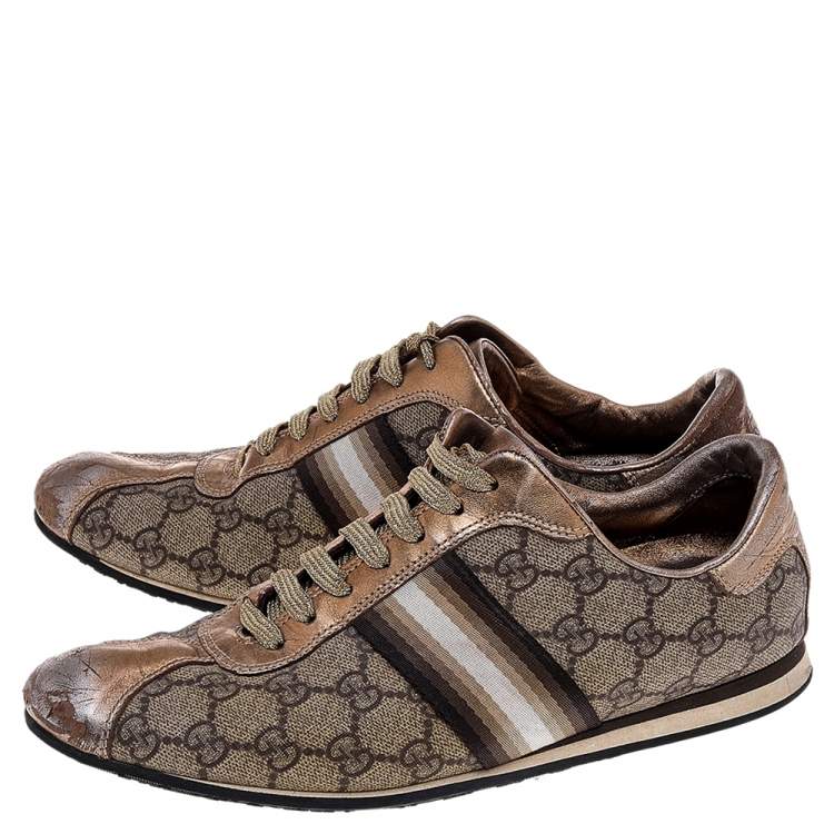 Pre Owned Gucci Beige/Gold Supreme Canvas And Leather Web Low Top Sneakers Size 39.5