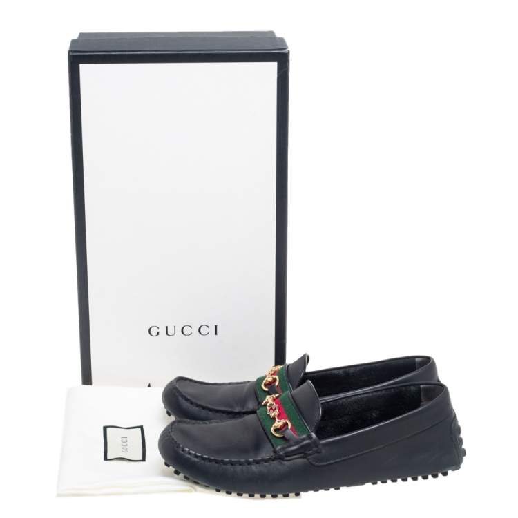 Pre Owned Gucci Black Leather Web Horsebit Loafers Size 42.5