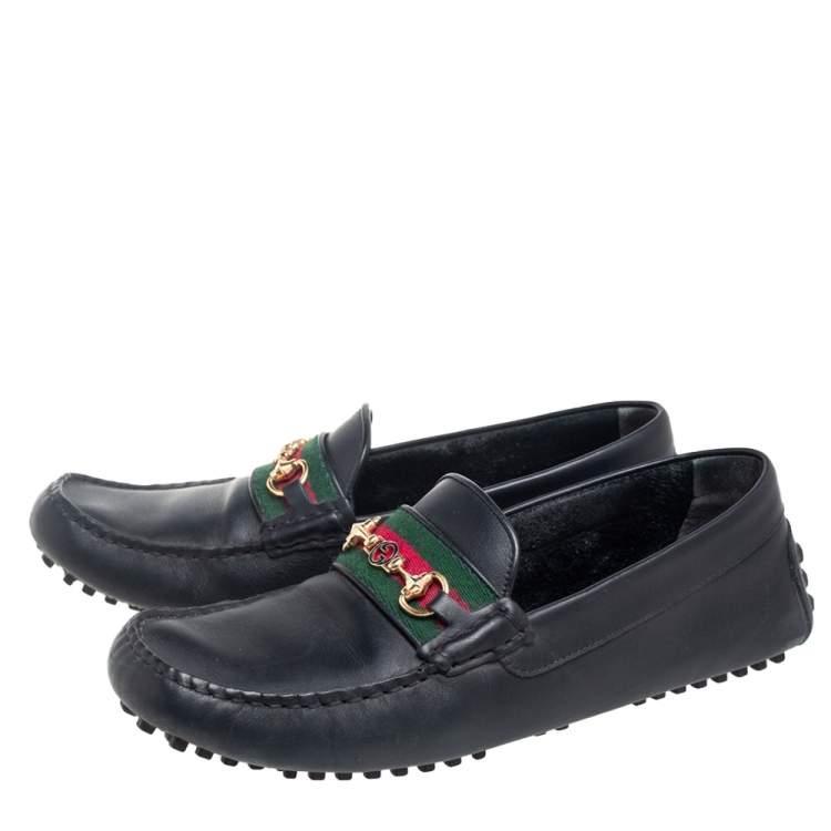 Pre Owned Gucci Black Leather Web Horsebit Loafers Size 42.5