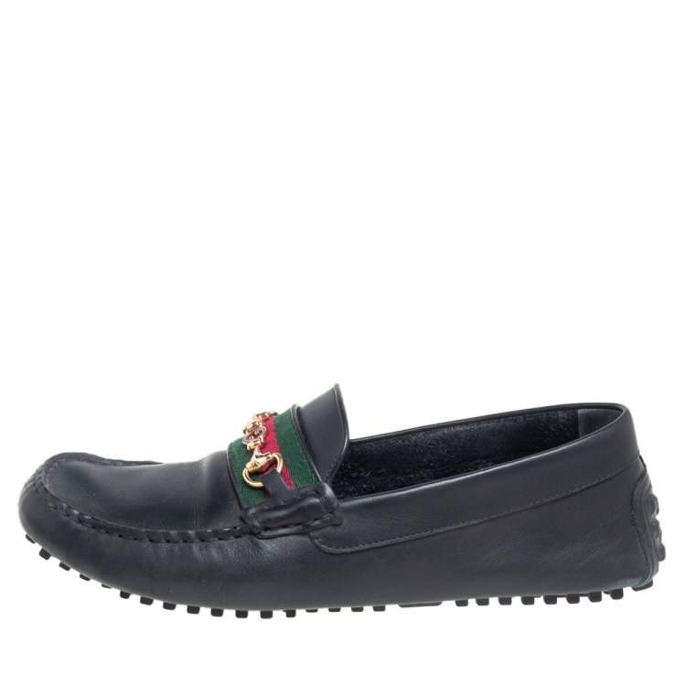 Pre Owned Gucci Black Leather Web Horsebit Loafers Size 42.5
