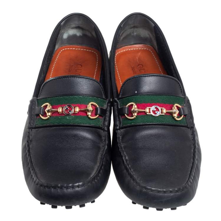 Pre Owned Gucci Black Leather Web Horsebit Loafers Size 42.5