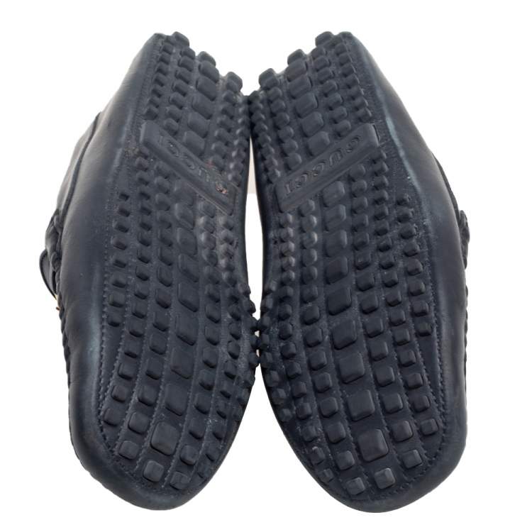 Pre Owned Gucci Black Leather Web Horsebit Loafers Size 42.5