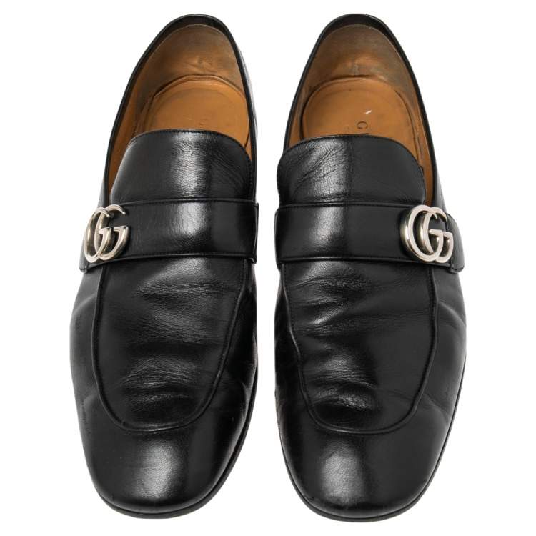 Pre Owned Gucci Black Leather GG Logo Slip On Loafers Size 45.5