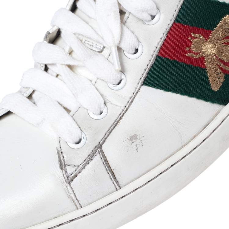 Pre Owned Gucci White Leather Web Ace Low Top Sneakers Size 45.5